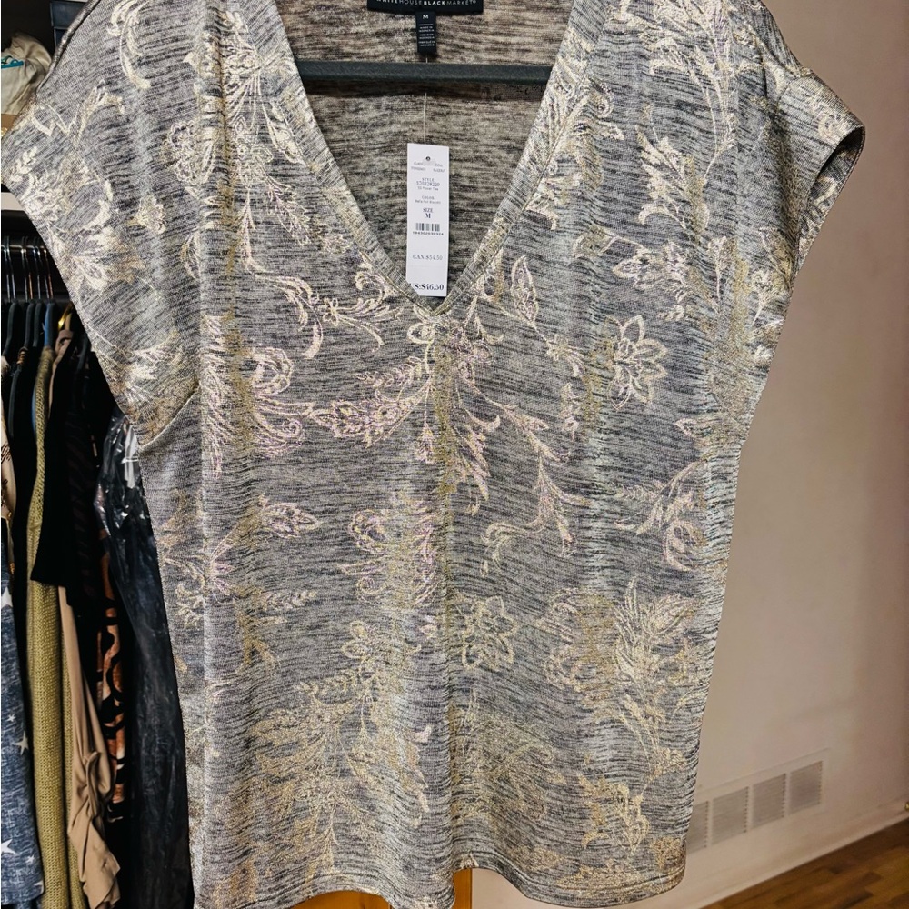 White House Black Market Silver Gray Cap Sleeve V-Neck Blouse